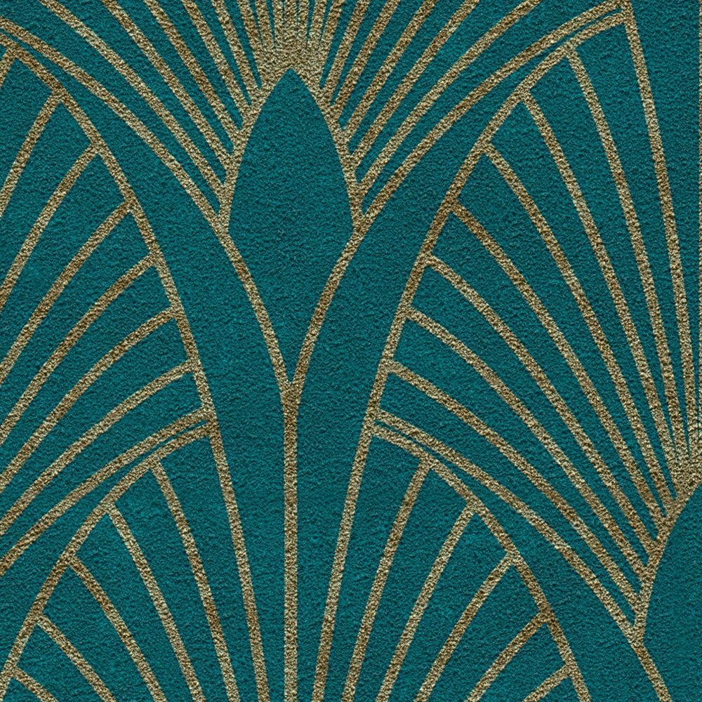 Art Deco tapetes ar zelta retro rakstu un fonu zilā krāsā AS 374275 AS Creation