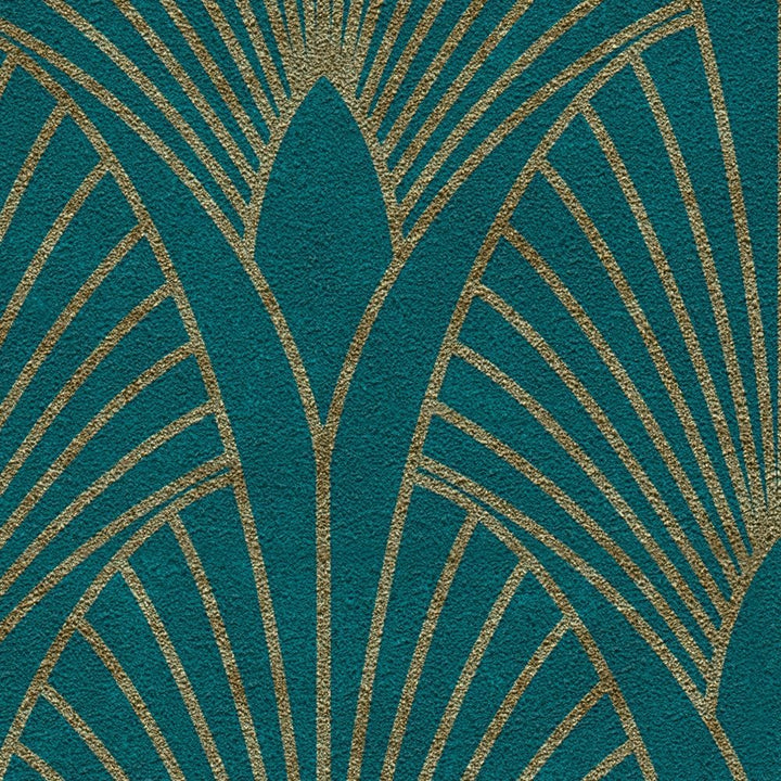 Art Deco tapetes ar zelta retro rakstu un fonu zilā krāsā AS 374275 AS Creation