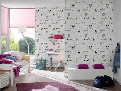 Vaikiški tapetai su gyvūnų ir taškų raštu, balti, juodi, rožiniai 1350705 Be PVC AS Creation