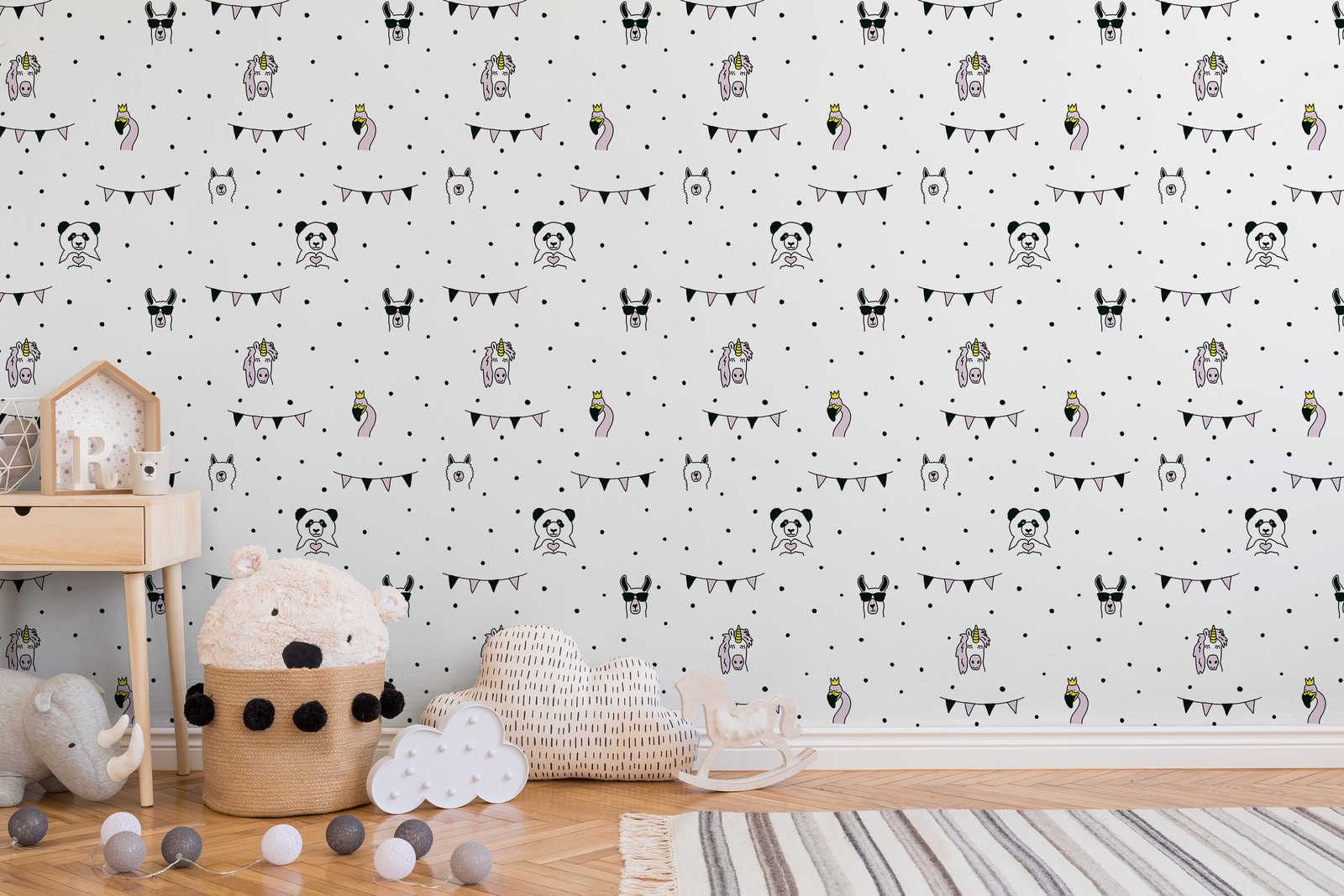 Bērnu tapetes ar dzīvnieku un punktu rakstu, balta, melna, roza - 381381, Bez PVC 🌿 AS Creation
