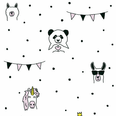 Children's wallpaper with animal and dot pattern, white, black, pink 1350705 Without PVC AS Creation