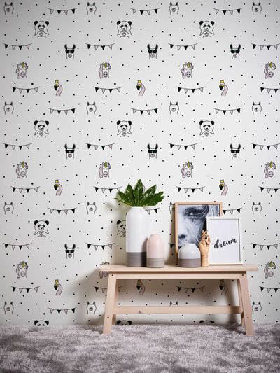 Children's wallpaper with animal and dot pattern, white, black, pink 1350705 Without PVC AS Creation