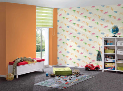 Multicoloured children's watercolour wallpaper with dinosaurs, 1351025 Without PVC AS Creation