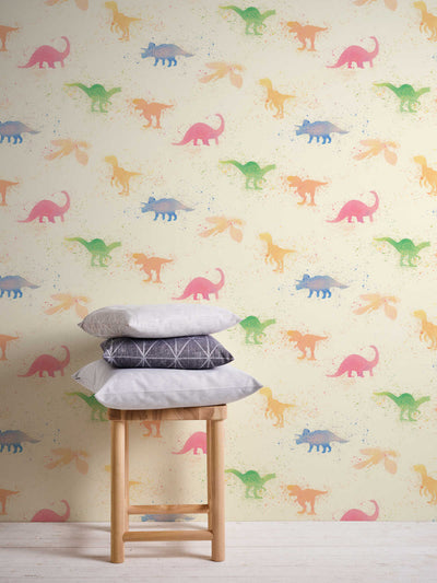 Multicoloured children's watercolour wallpaper with dinosaurs, 1351025 Without PVC AS Creation
