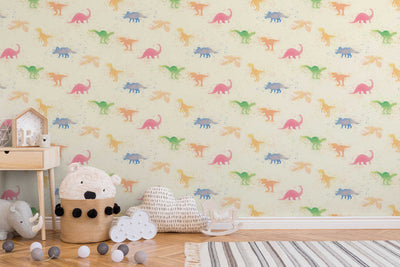 Multicoloured children's watercolour wallpaper with dinosaurs, 1351025 Without PVC AS Creation