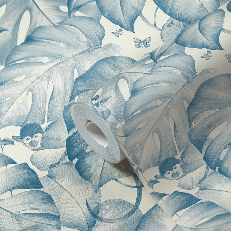 Džungļu tapetes Lapas un pērtiķi - zila, balta krāsa, 1313253