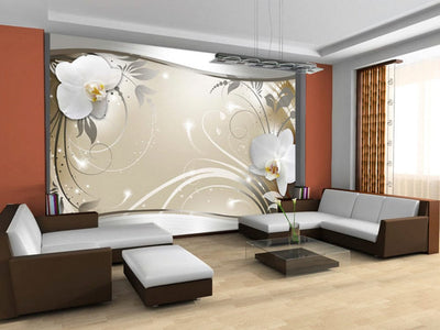 Nonwoven wall murals with a white orchid on a beet background g-art