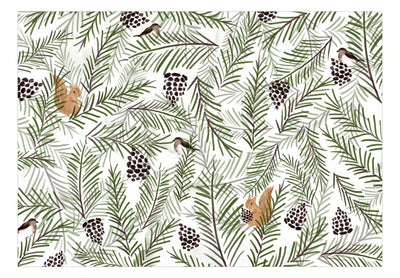 Fototapetes ar vāverēm un čiekuriem - Čiekuri, zaļš uz balta, 143703 G-ART