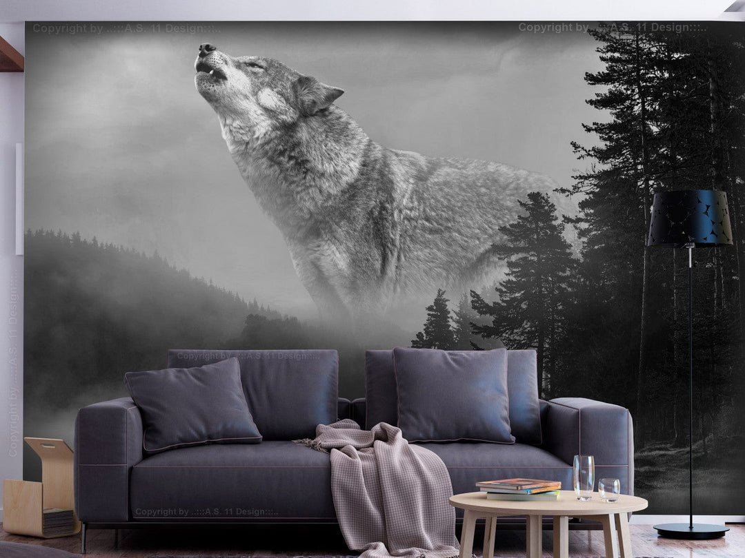 Fototapetes ar vilku pelēkos toņos - Meža noslēpumi G-ART