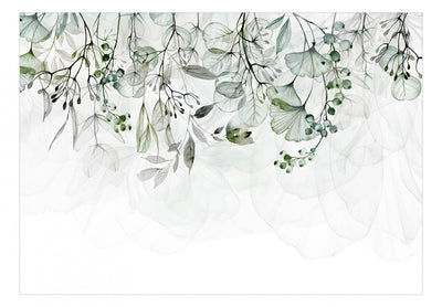 Fototapetes ar zaļam lapām uz balta fona - Miglaina daba - zaļā G-ART