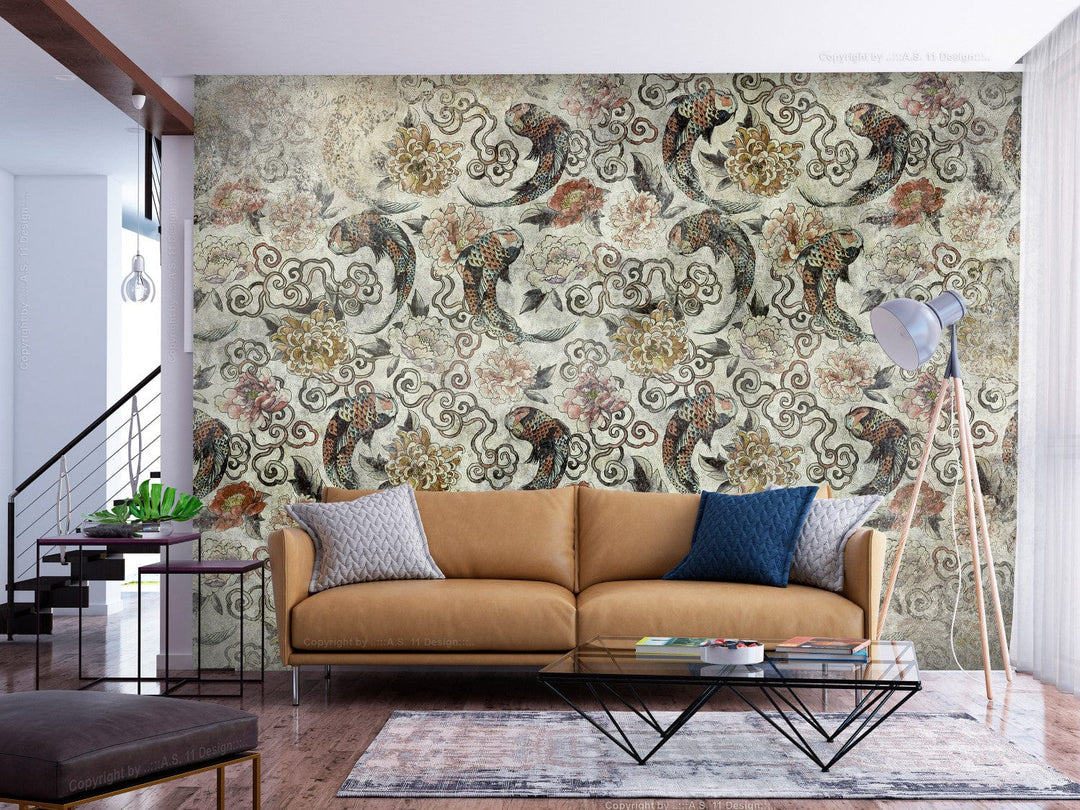 Fototapetes ar austrumu motīvu, zivis un ziedu ornamenti, pelēkā G-ART