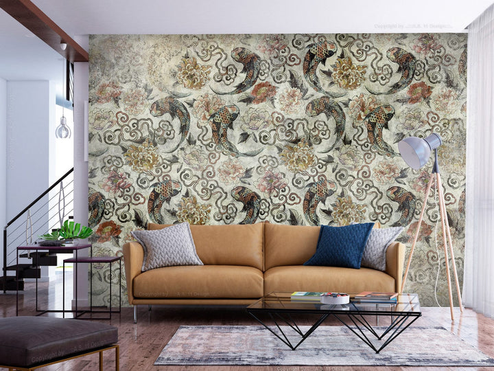 Fototapetes ar austrumu motīvu, zivis un ziedu ornamenti, pelēkā G-ART
