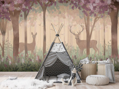 Фотообои для детской комнаты с нарисованным лесом и оленями - Утро в лесу, 143434 G-ART