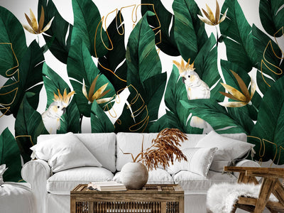 Wall Murals with parrot kakadu in the jungle, green leaves on white 138279 g-art
