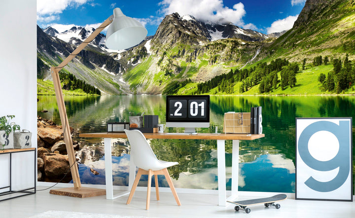 Fototapetes ar mierīgu kalnu ezeru zilos un zaļos toņos D-ART