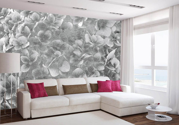 Pelēkas fototapetes ar ziedošiem ziediem, 375x250 cm D-ART