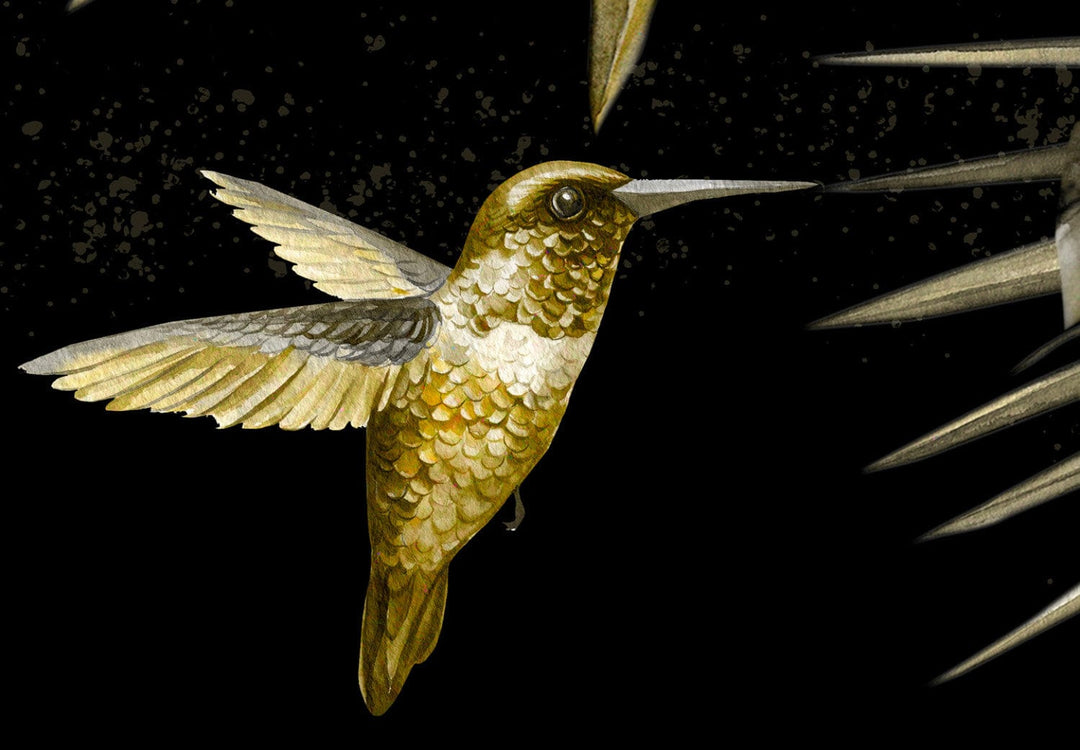Fototapetes guļamistabai ar kolibri un papagaiļiem zeltā krāsā 142063 G-ART