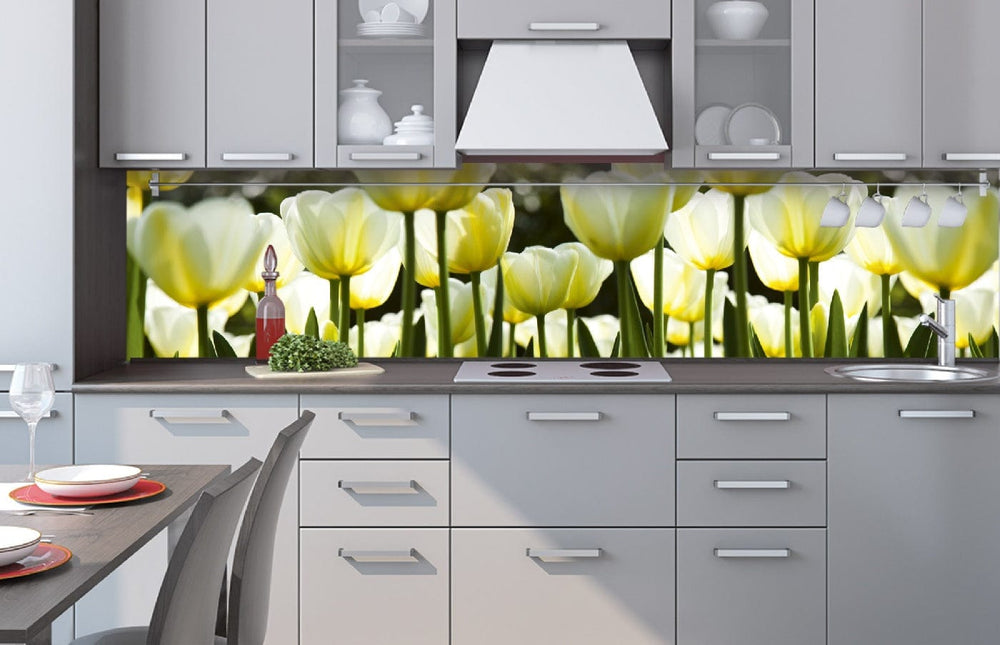 Laminētas fototapetes uz pašlīmējošas plēves - Baltas tulpes (260x60 cm) Art4home