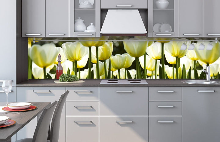 Laminētas fototapetes uz pašlīmējošas plēves - Baltas tulpes (260x60 cm) Art4home