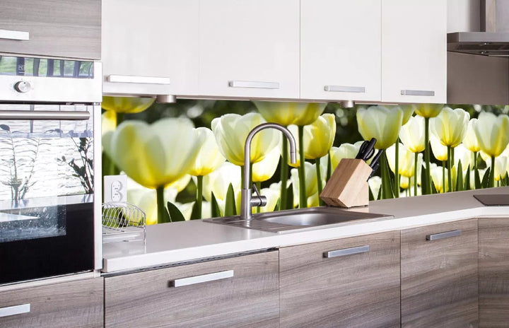 Laminētas fototapetes uz pašlīmējošas plēves - Baltas tulpes (260x60 cm) Art4home