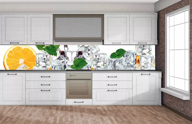 Fototapetes virtuvei ar lamināciju, pašlīmējošas plēve un flizelīns - Citrons un ledus (350x60 cm) Art4home