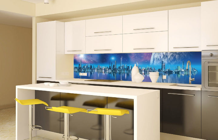 Pašlīmējošas fototapetes virtuvei - Futūristiska pilsēta (260x60 cm) Art4home