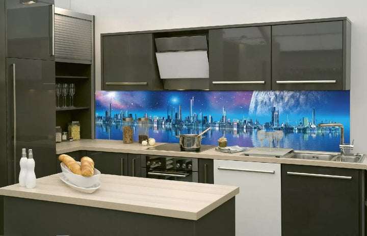 Pašlīmējošas fototapetes virtuvei - Futūristiska pilsēta (260x60 cm) Art4home