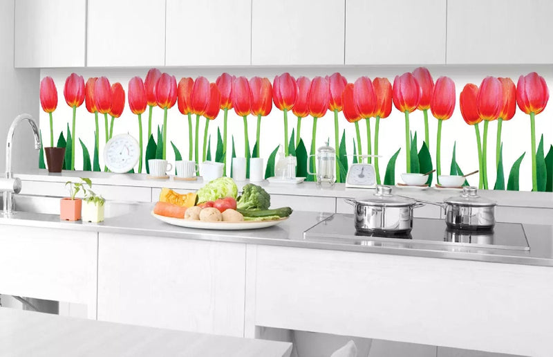 Fototapetes virtuvei ar lamināciju, pašlīmējošas plēve un flizelīns - Gulta no tulpēm (350x60 cm) Art4home