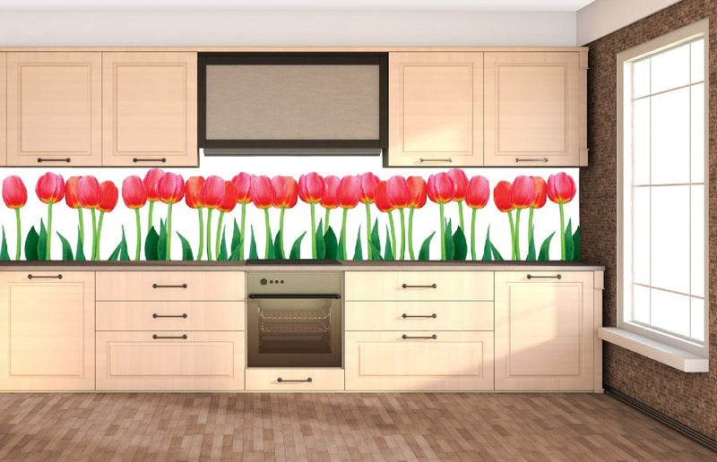 Fototapetes virtuvei ar lamināciju, pašlīmējošas plēve un flizelīns - Gulta no tulpēm (350x60 cm) Art4home