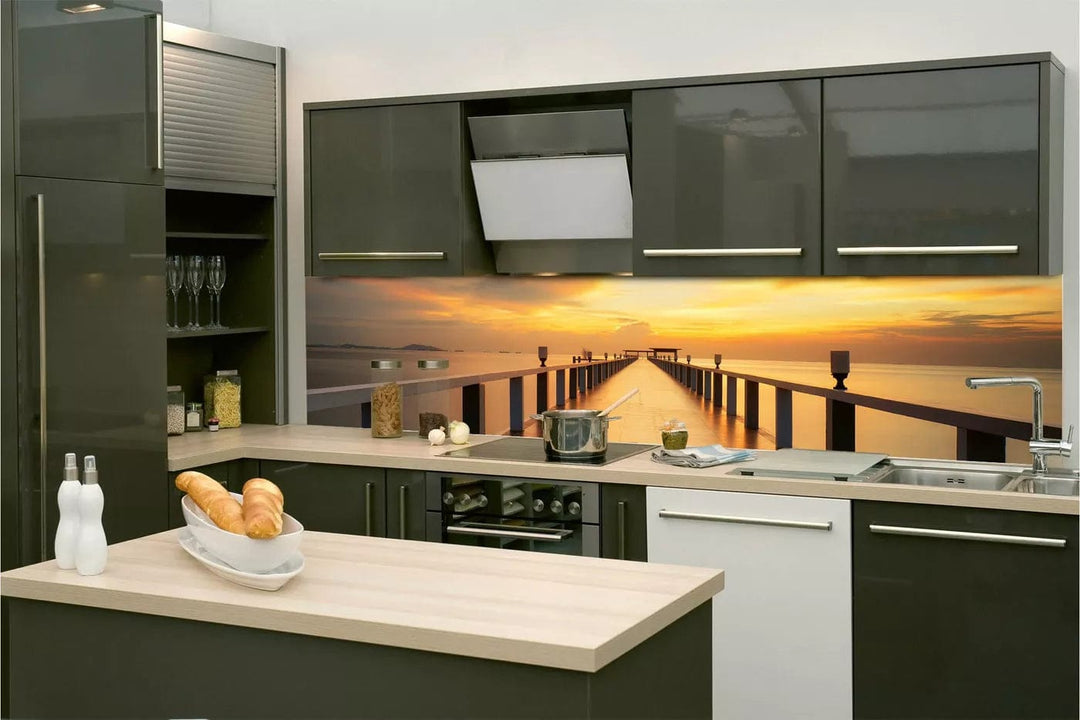Pašlīmējošas fototapetes virtuvei - Koka tilts un saulriets (260x60 cm) Art4home