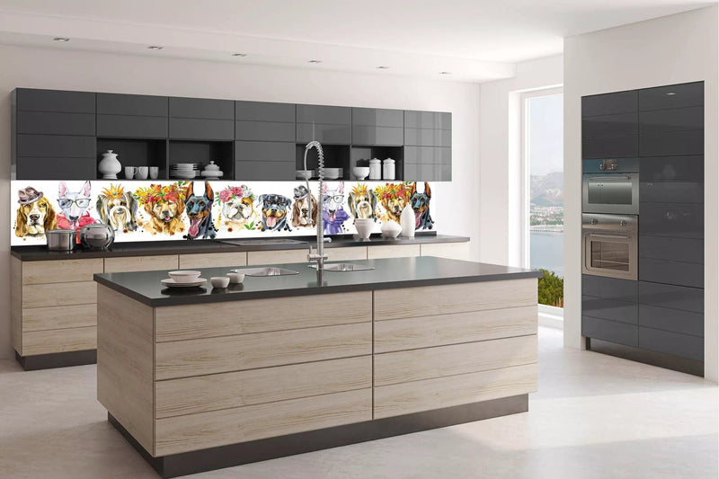 Fototapetes virtuvei ar lamināciju, pašlīmējošas plēve un flizelīns - Laimīgi suņi (350x60 cm) Art4home