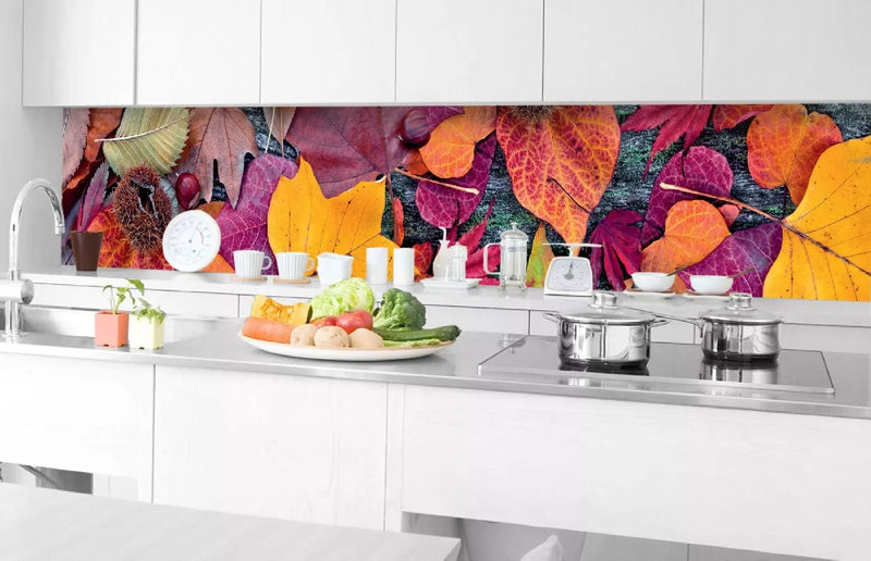 Fototapetes virtuvei ar lamināciju, pašlīmējošas plēve un flizelīns - Rudens lapas (350x60 cm) Art4home