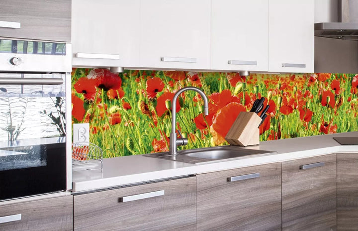 Pašlīmējošas fototapetes virtuvei - Sarkanās magones  (260x60 cm) Art4home