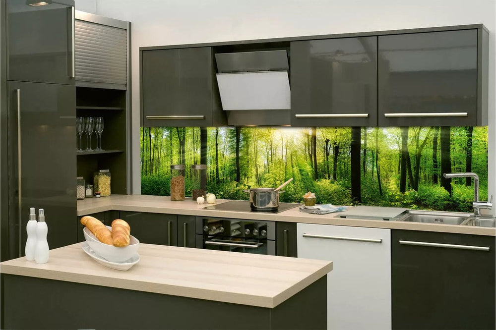 Pašlīmējošas fototapetes virtuvei - Saulains mežs  (260x60 cm) Art4home