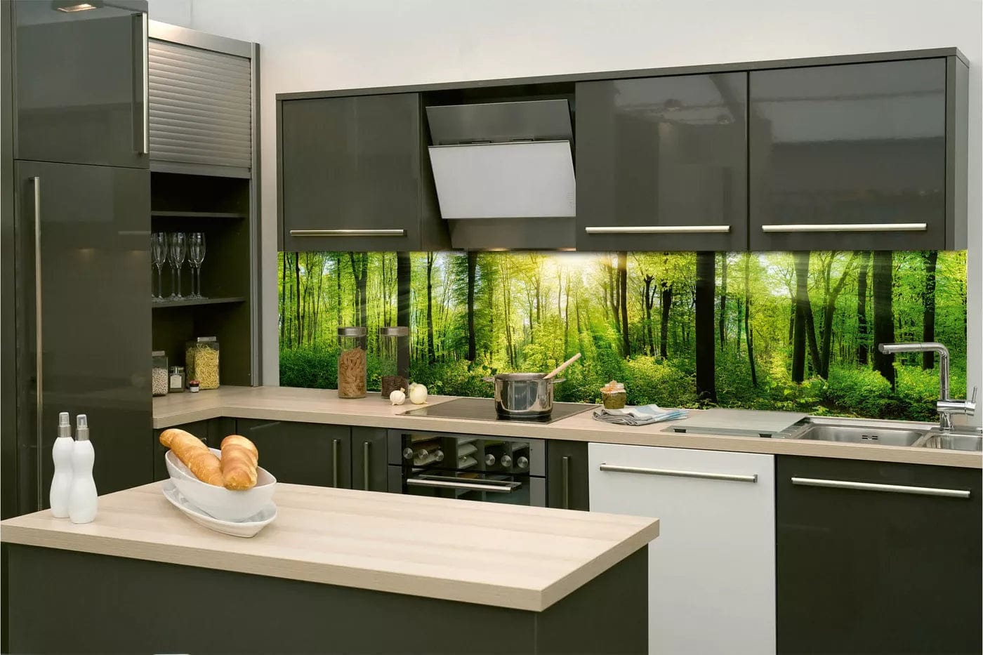 Pašlīmējošas fototapetes virtuvei - Saulains mežs  (260x60 cm) Art4home