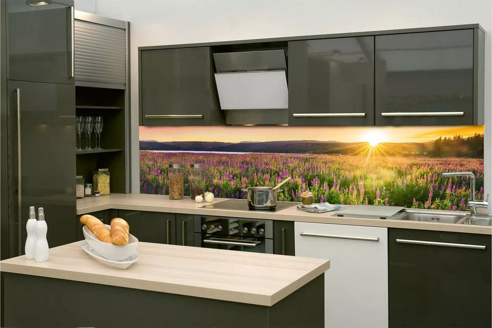 Pašlīmējošas fototapetes virtuvei - Saulriets pļavā (260x60 cm) Art4home