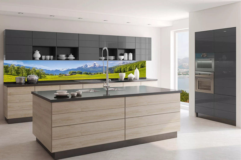 Fototapetes virtuvei ar lamināciju, pašlīmējošas plēve un flizelīns - Skats uz Alpēm (350x60 cm) Art4home