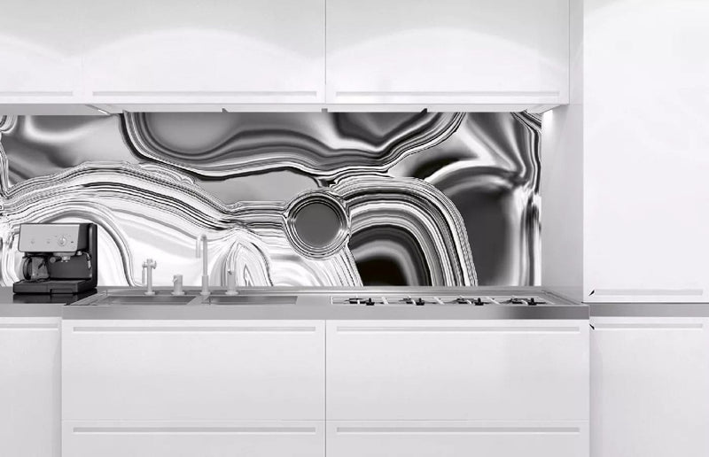 Fototapetes virtuvei ar lamināciju, pašlīmējošas plēve un flizelīns - Šķidrais hroms (Sudraba krāsā)  (180x60 cm) Art4home
