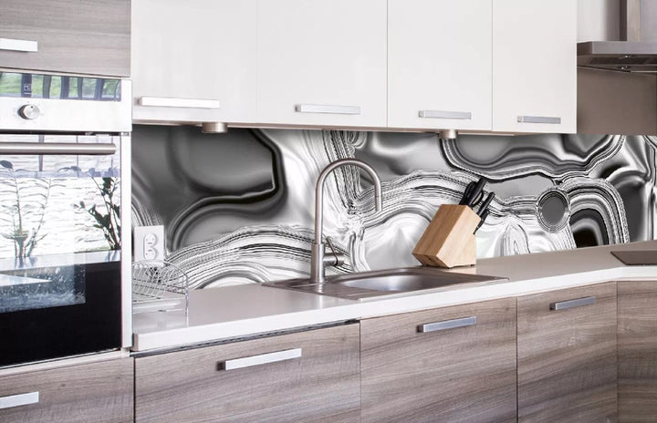 Fototapetes virtuvei ar lamināciju - Šķidrais hroms (Sudraba krāsā)  (260x60 cm) Art4home