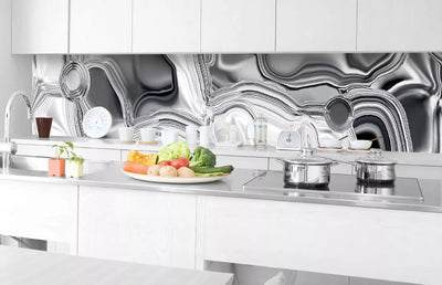 Fototapetes virtuvei ar lamināciju, pašlīmējošas plēve un flizelīns - Šķidrais hroms (Sudraba krāsā) (350x60 cm) Art4home
