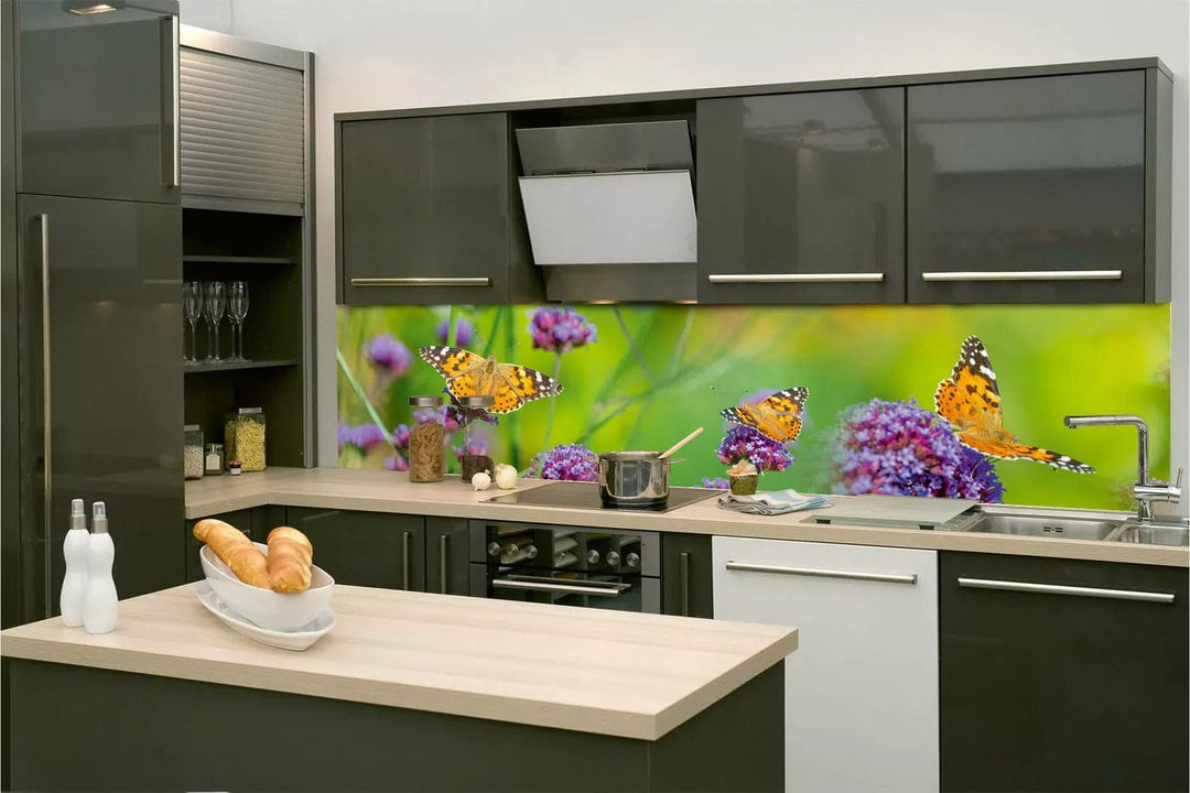 Pašlīmējošas fototapetes virtuvei - Tauriņi uz ziediem (260x60 cm) Art4home