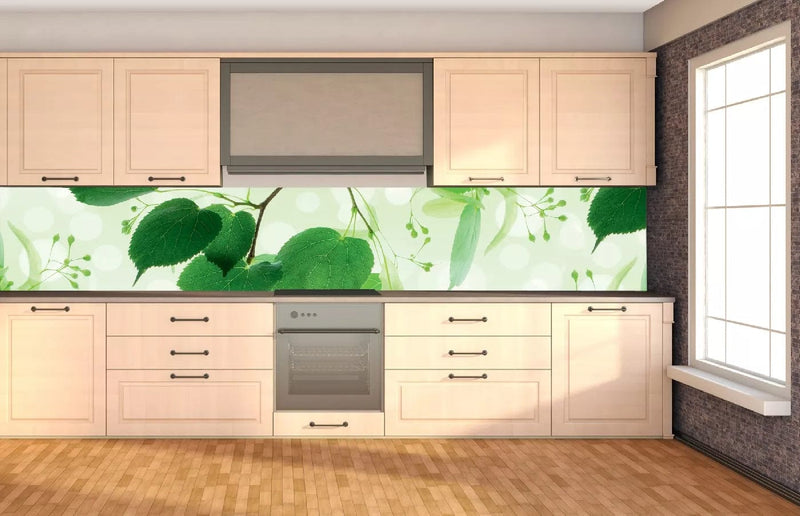Fototapetes virtuvei ar lamināciju, pašlīmējošas plēve un flizelīns - Zaļās lapas (350x60 cm) Art4home