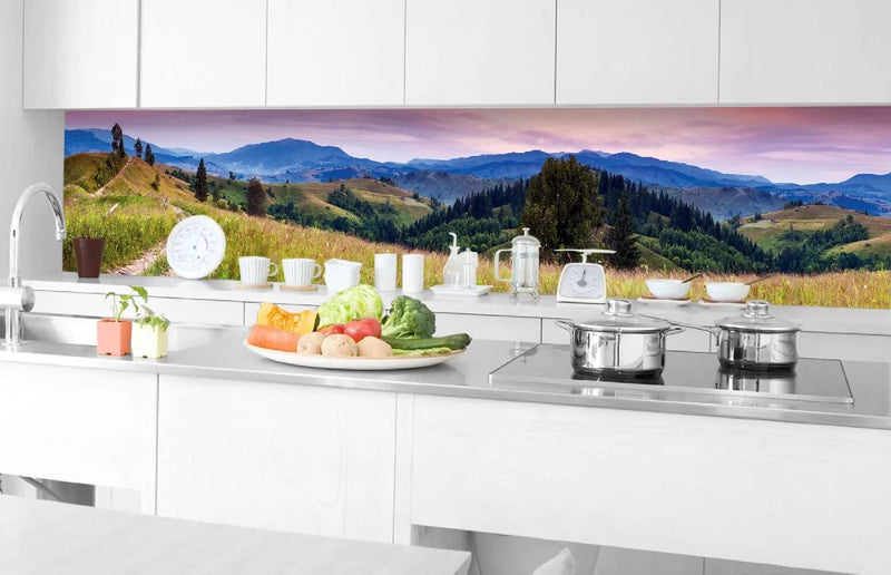 Fototapetes virtuvei ar lamināciju, pašlīmējošas plēve un flizelīns - Ziedoši kalni (350x60 cm) Art4home