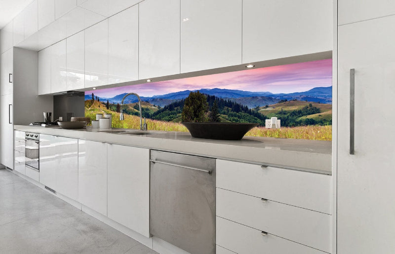 Fototapetes virtuvei ar lamināciju, pašlīmējošas plēve un flizelīns - Ziedoši kalni (350x60 cm) Art4home