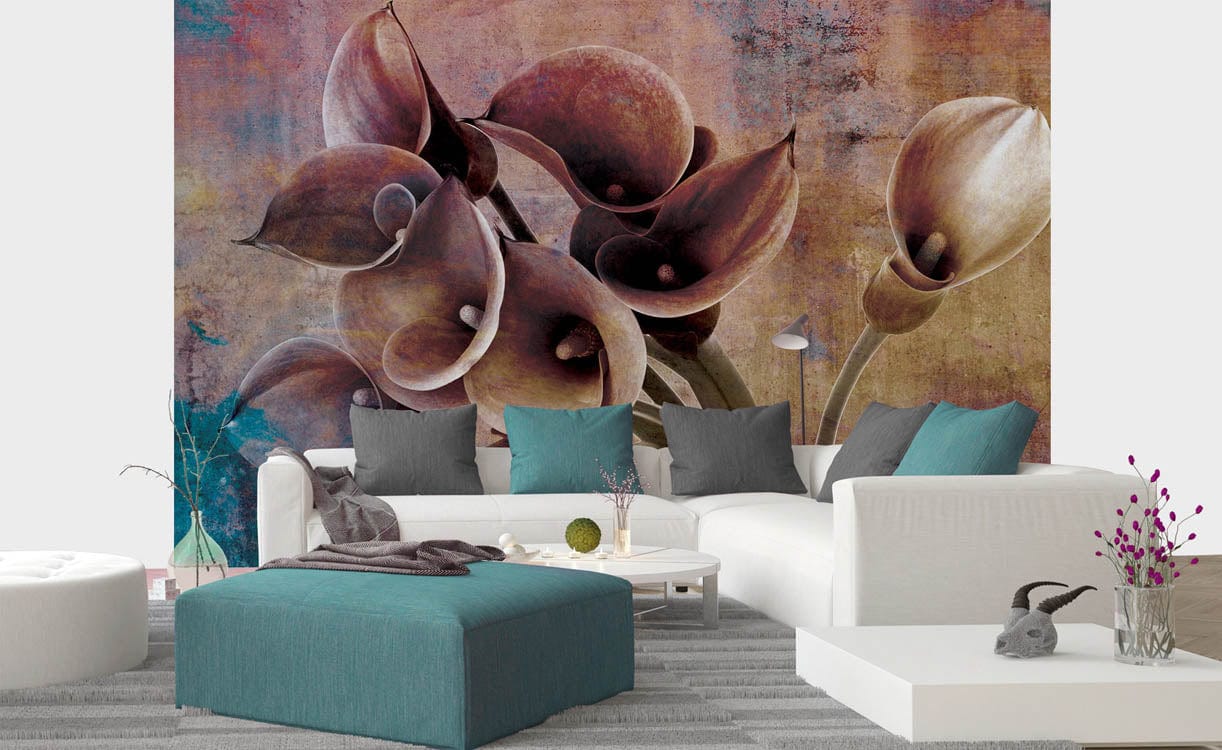 Fototapetes ar kallas ziedu rakstu brūnas kafijas krāsā D-ART