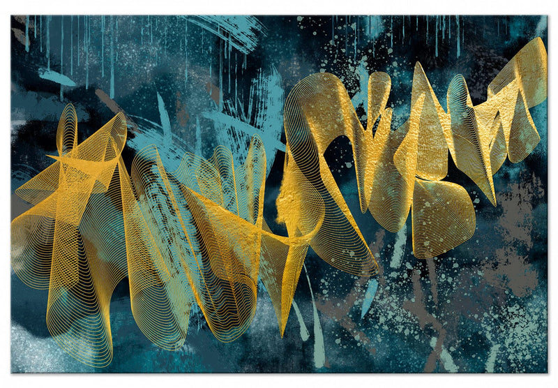 Glezna ar abstrakciju zilā un zeltā krāsā - Zelta viļņi (1 daļa), Plata Tapetenshop.lv.