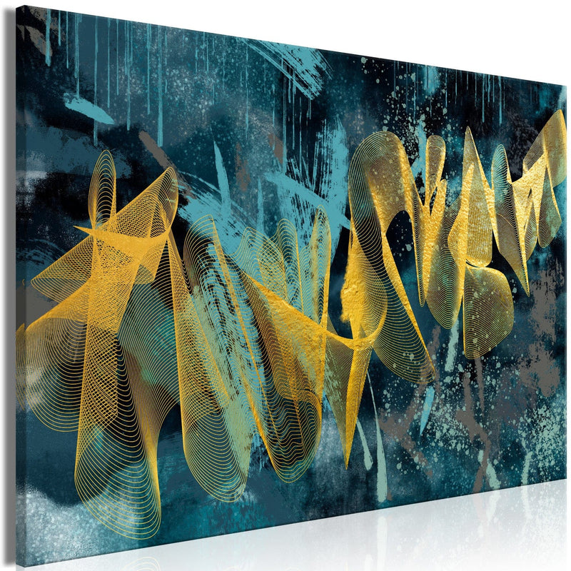 Glezna ar abstrakciju zilā un zeltā krāsā - Zelta viļņi (1 daļa), Plata Tapetenshop.lv.