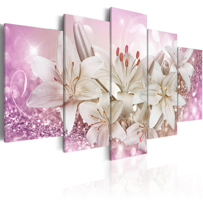 Canvas-taulut valkoisia liljoja vaaleanpunaisten kristallien päällä - Pink Thrills (5 osaa)