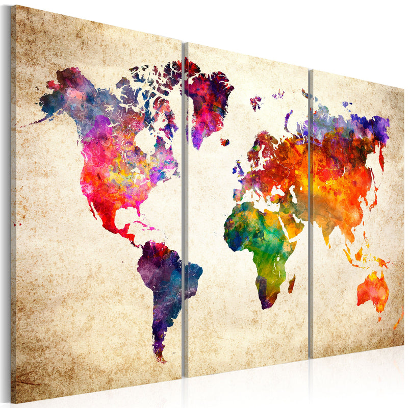 Glezna Pasaules karte akvarelī (3 daļas, horizontāla) Tapetenshop.lv.