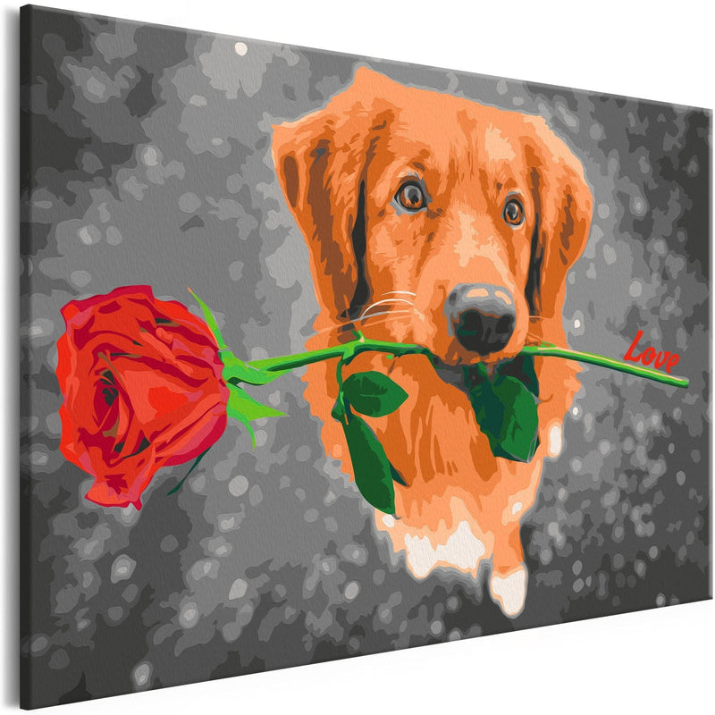 Kanva uz audekla "izkrāso pēc cipariem" - Dog With Rose  60x40 cm Artgeist